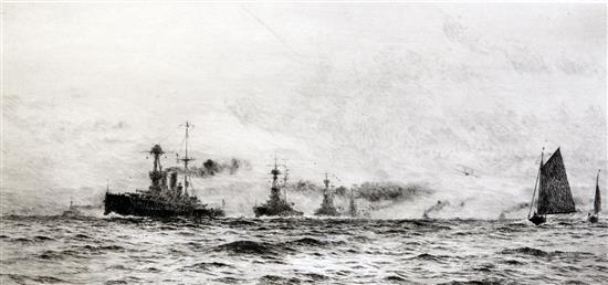 William Lionel Wyllie (1851-1931) Yachts off the Isle of Wight and Warships at sea, overall 9 x 15in.